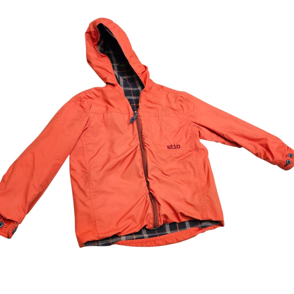 Stio Boys Rambler Reversible Hooded Jacket Orange‎ Plaid Lightweight Coat 8